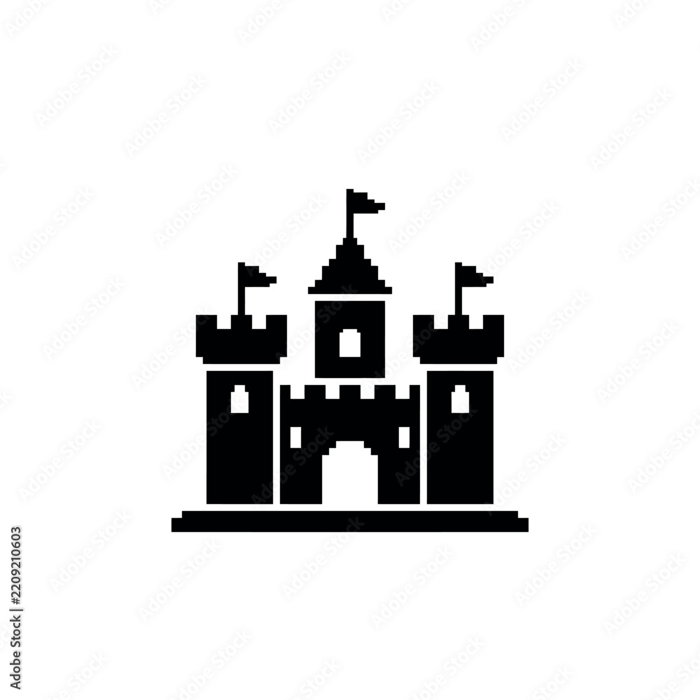 Fototapeta premium Pixelated black castle icon with three towers and flags.