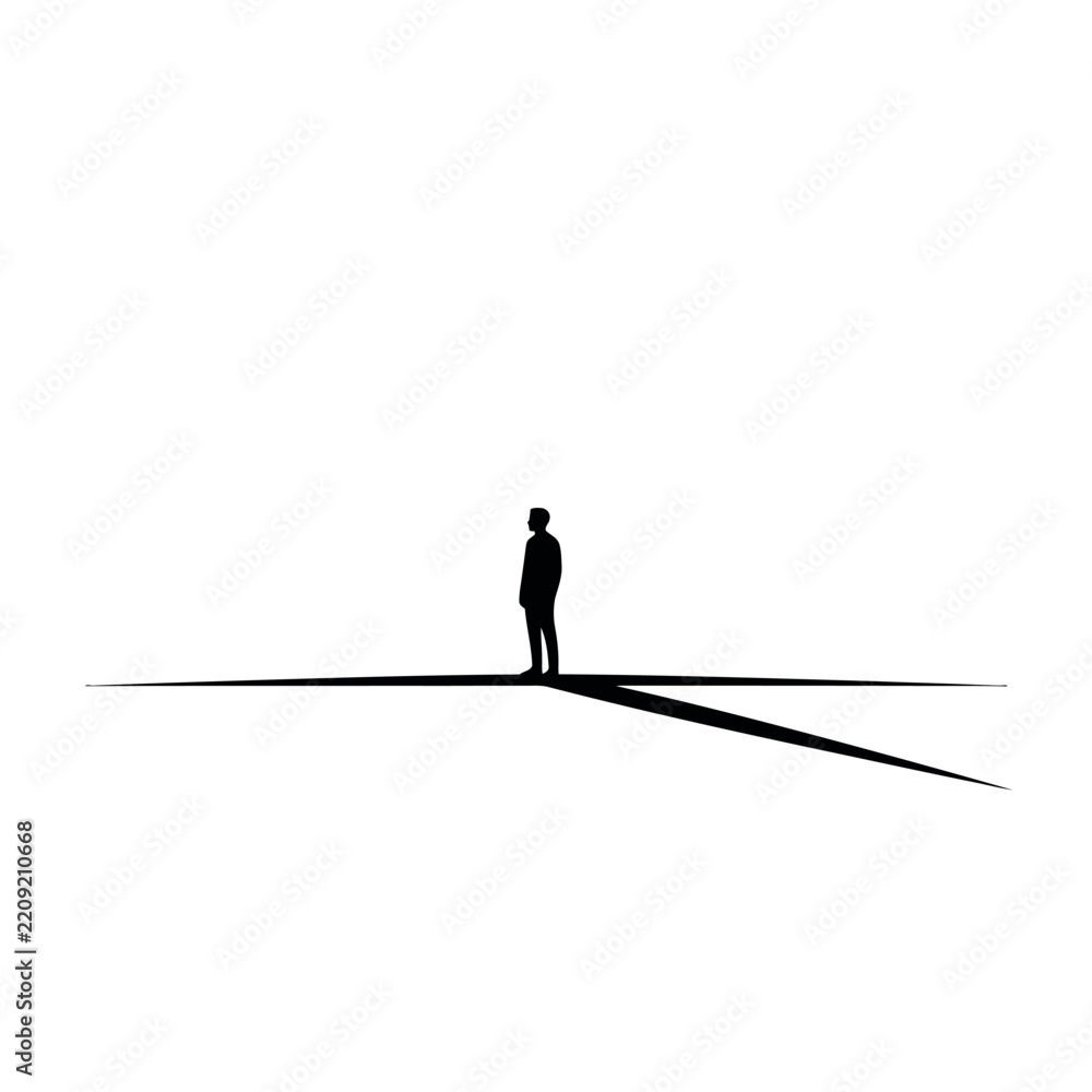 Fototapeta premium Silhouette of a lone person standing on a stark white background with long shadows.
