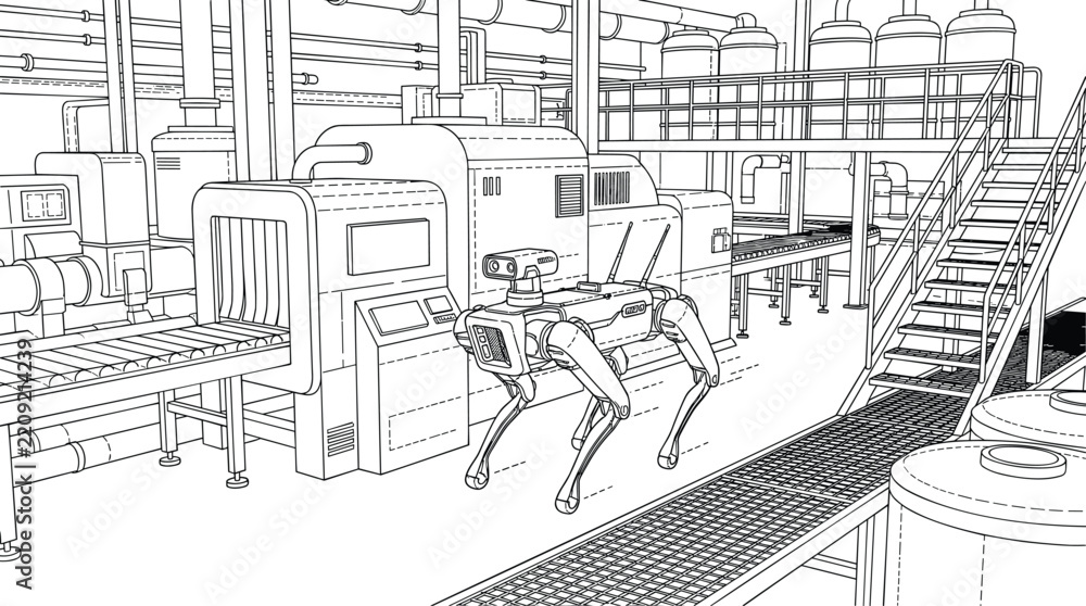 Fototapeta premium Autonomous quadruped robotic dog patrolling industrial facility vector line art.