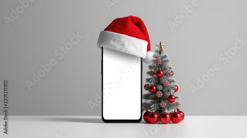 Smartphone mock up with blank white screen, red Santa hat, and decorated Christmas tree on a gray studio surface