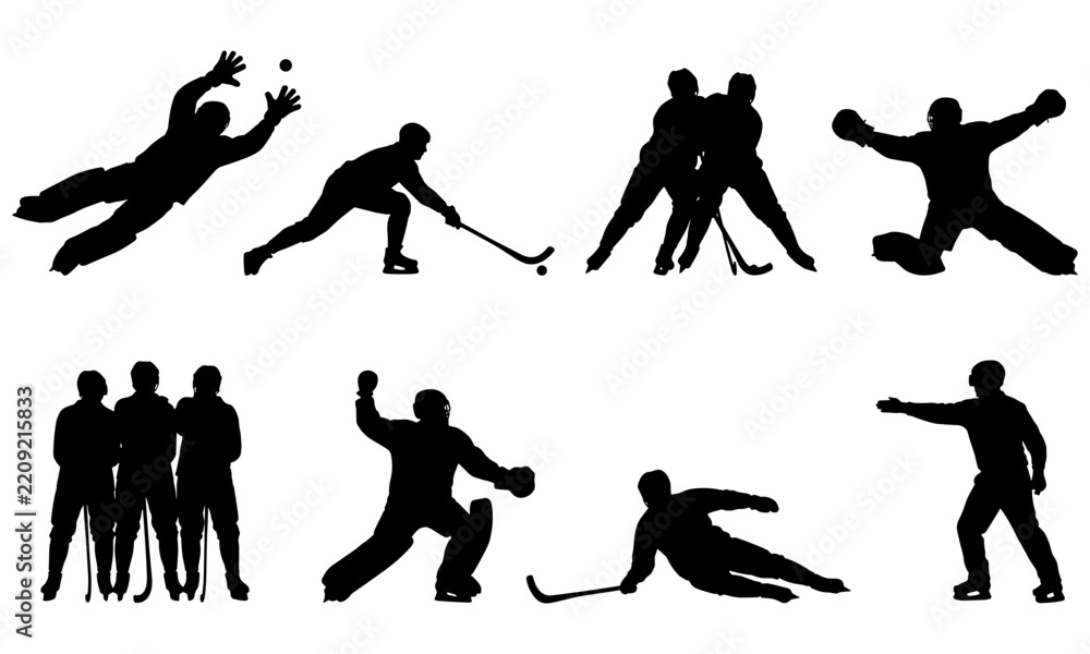 Fototapeta premium Bandy silhouettes set with ice hockey players, goalkeeper save, free stroke wall, sliding tackle, referee, and winter sports tournament icons 