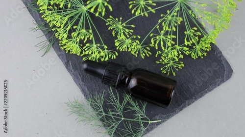 Essential plant oil extracted from the dill plant (Anethum graveolens). Flat lay view of brown glass bottle with oil and decorated with blossoms and leaves on background.