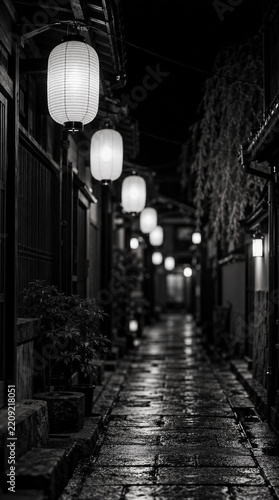 AI Image of a Traditional Japanese Alley at Night with Paper Lanterns in Black and White