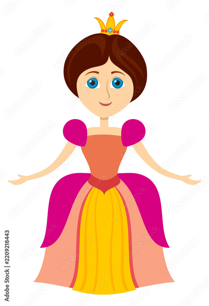 Obraz premium A cartoon princess is wearing a pink and yellow dress and is smiling