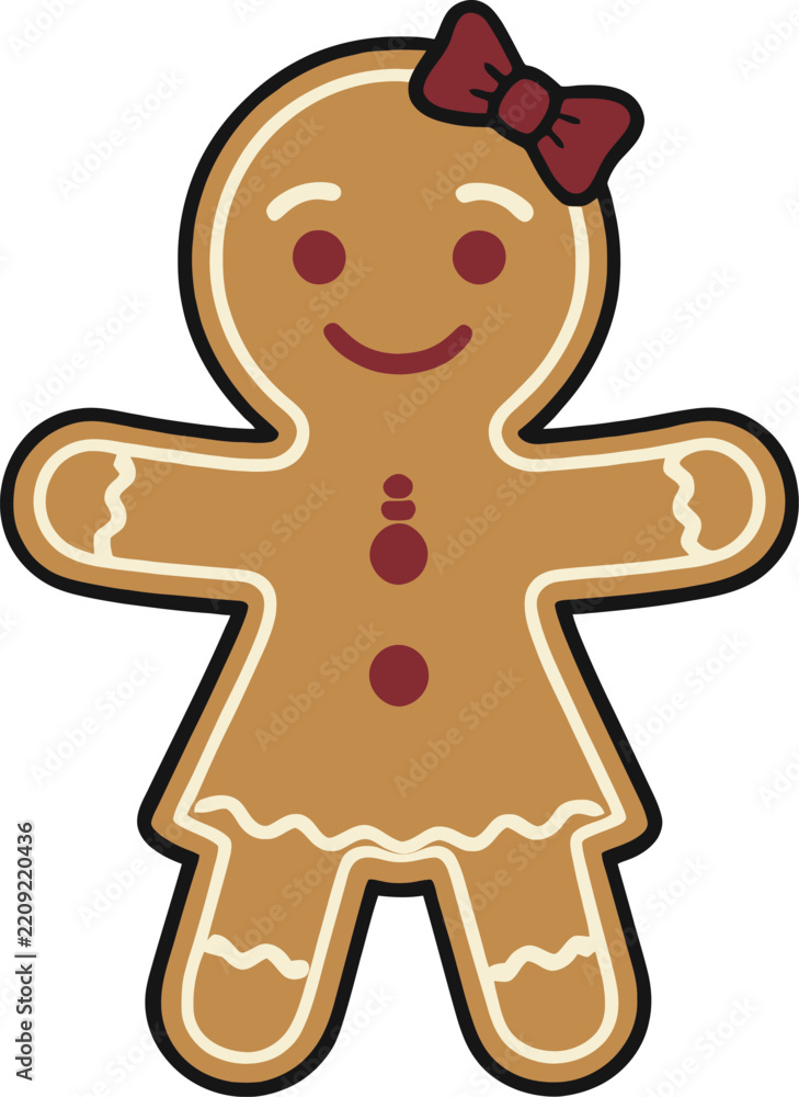 Obraz premium Cute Gingerbread Girl Cookie with Red Bow, Christmas Holiday Cartoon Illustration