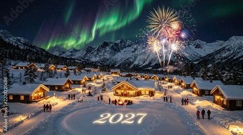 New Year 2027 celebration in a snowy mountain village with northern lights and fireworks.