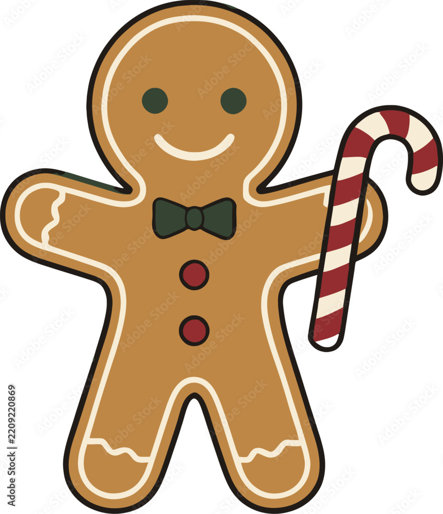 Fototapeta premium Cute Gingerbread Man Holding a Candy Cane, Christmas Holiday Cartoon Illustration