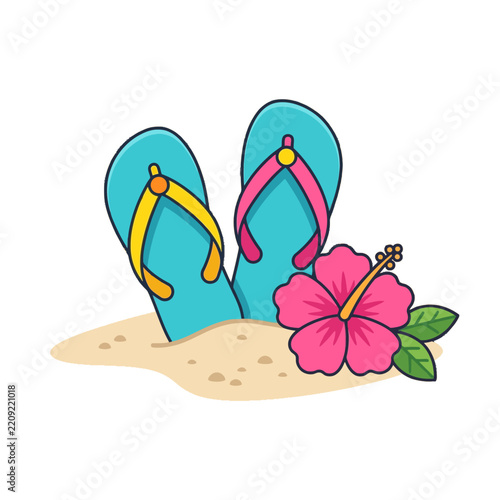 Summer vacation flip flops and hibiscus flower in sand