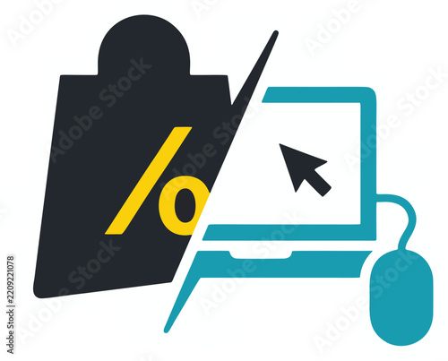 Online Shopping Sale Sticker with Percentage Icon and Computer Mouse Graphic