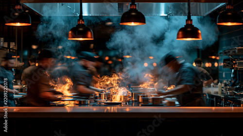 Professional chefs cooking in a busy restaurant kitchen with steam and flames rising, concept for culinary arts, catering services and hospitality industry promotion