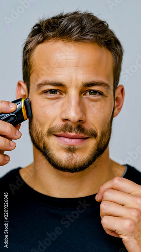 A man with a beard and mustache is shaving his face with a black and gold electric razor