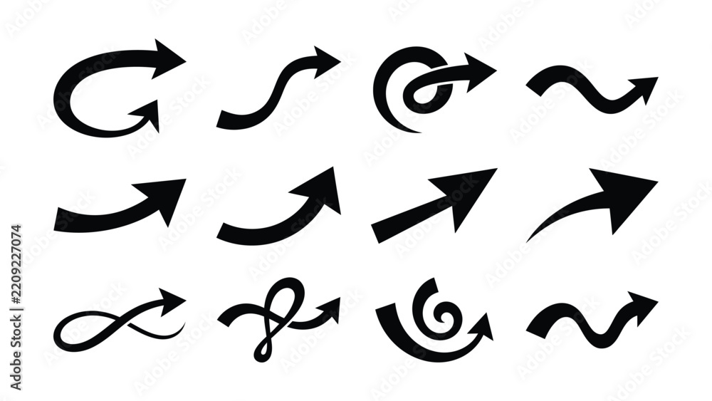 Fototapeta premium Collection of various arrow designs with loop and swirl graphic elements