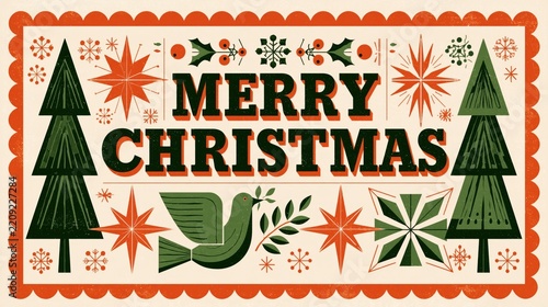 Vintage Mid Century Modern Merry Christmas Postage Stamp Design with Peace Dove Pine Trees Snowflake and Holly Leaves Illustration