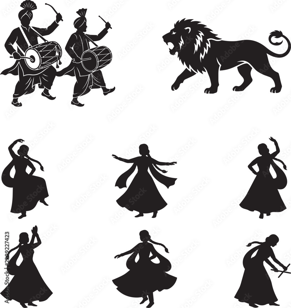 Fototapeta premium Black silhouette collection of traditional indian dancers musicians and a majestic lion for cultural designs isolated on transparent background, Vector