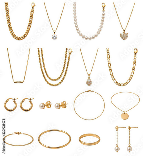 Collection of bridal gold jewelry sets including tiaras, earrings, and necklaces displayed against a soft white background