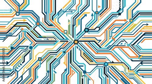 Abstract Data Network with Layered Geometric Lines, Connection Points and Flow Directions. Generative AI