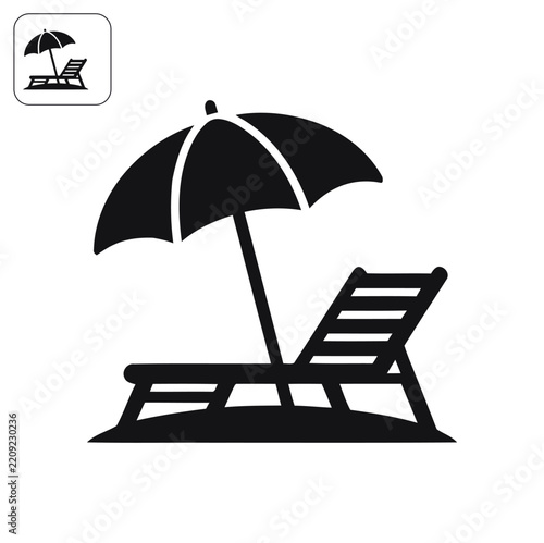 Beach lounge chair with sun umbrella icon in flat black vector style