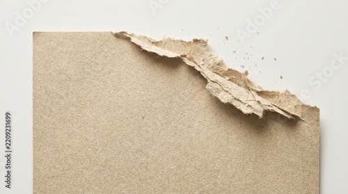 Torn kraft paper sheet with frayed edges rests against a plain white background abrasion aged beige broken cardboard cellulose crumpled damage decay deconstruction delamination destroyed