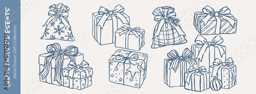 Christmas gifts hand drawn doodle collection with boxes, bags, ribbon bows and festive patterns. Holiday packaging and cards with Christmas gifts, vector illustration.