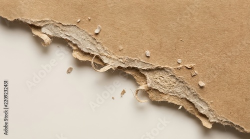 Torn cardboard sheet with frayed edges rests on a light gray background ripped fragment shredded fiberboard corrugated texture surface material paperboard damaged broken decay distressed