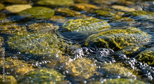 Close-up of moss-covered river stones with flowing water and ripples.