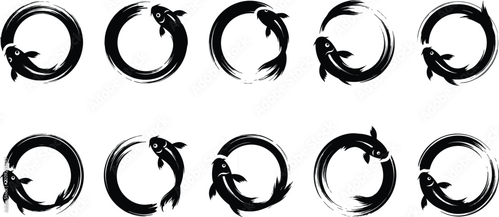 Fototapeta premium Japanese Koi Fish Enso Circle Vector Set Featuring Black Ink Brush Stroke Silhouette Icons for Zen Philosophy Yoga Studios and Martial Arts Logos