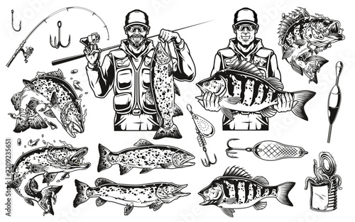 Fisherman holds large fish and fishing gear