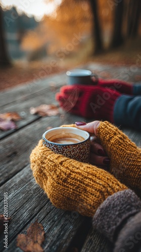 A person wearing yellow knitted gloves holds a coffee mug in their hands, sitting on an old wooden bench surrounded by autumn leaves