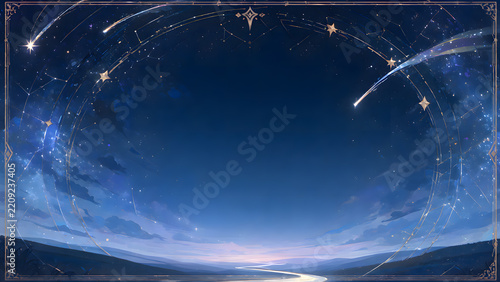 Obraz na płótnie 流れ星がきらめく夜空のフレーム背景、神秘的でロマンチックな雰囲気、願い事をテーマにした広告向け