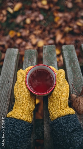 A person wearing yellow knitted gloves holds a coffee mug in their hands, sitting on an old wooden bench surrounded by autumn leaves
