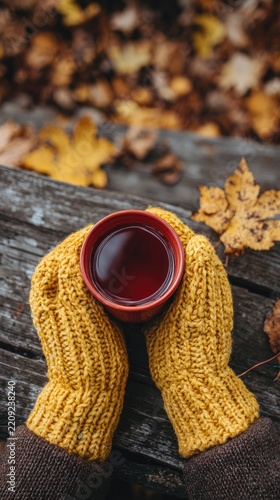 A person wearing yellow knitted gloves holds a coffee mug in their hands, sitting on an old wooden bench surrounded by autumn leaves