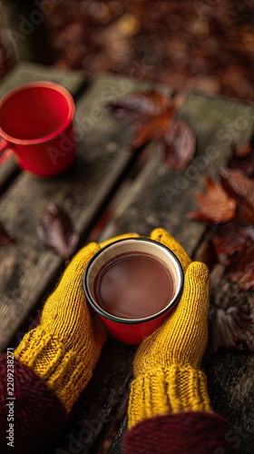 A person wearing yellow knitted gloves holds a coffee mug in their hands, sitting on an old wooden bench surrounded by autumn leaves