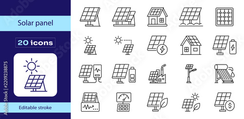 Solar panel green energy linear icon set with editable stroke vector.