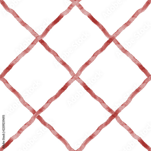 Red watercolor seamless pattern. Hand drawn rhombs grid background. Abstract geometric art lines.