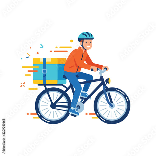 Delivery courier riding bicycle with cargo box in flat vector illustration design