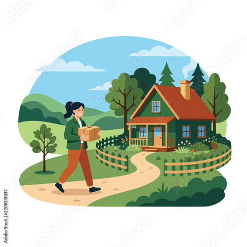 Delivery woman walking package toward suburban house in countryside landscape vector illustration
