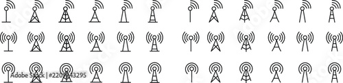 Antenna line icon set. Radio antenna black linear vector isolated on transparent background. Radio tower. Communication towers outline collection. Transmitter receiver wireless signal. Easily editable