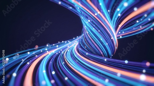 A dynamic abstract image featuring a swirling vortex of glowing blue, purple, and orange light trails with sparkling particles, symbolizing data flow and technology.