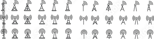 Antenna line icon set. Radio antenna black linear vector isolated on transparent background. Radio tower. Communication towers outline collection. Transmitter receiver wireless signal. Easily editable