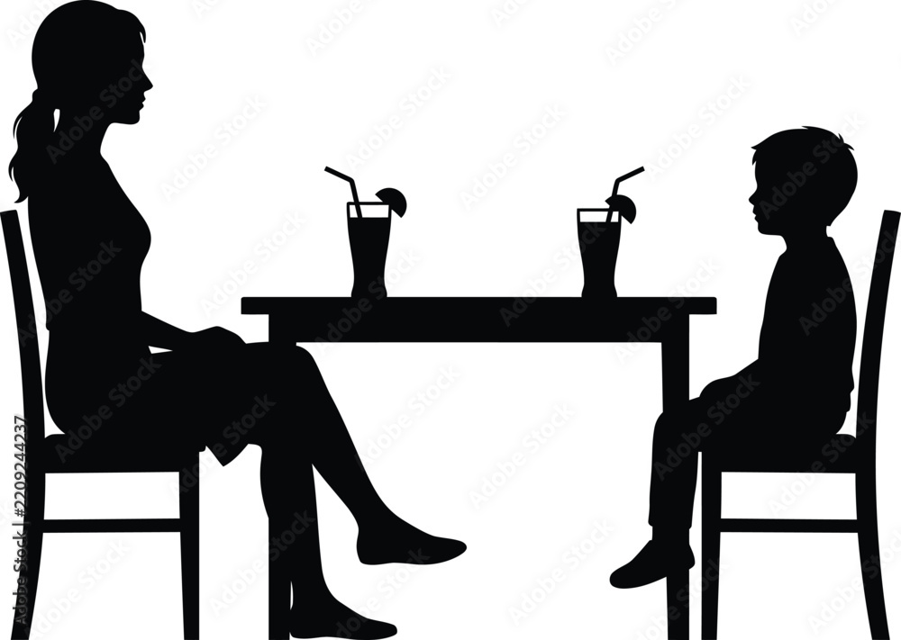 Fototapeta premium Black silhouette of a woman and a child sitting at a table with drinks in a cafe or restaurant