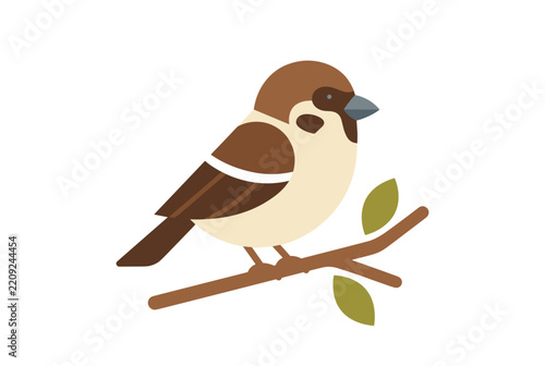 Cute brown sparrow perched on a branch with leaves in flat style