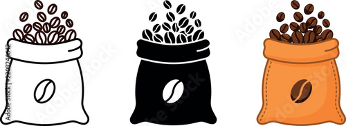 Burlap Sack Full Of Roasted Coffee Beans Vector Icon Set Outline Silhouette And Colored Graphic Illustration For Cafe