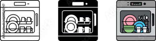 Dishwasher Kitchen Home Appliance Vector Icon Set Outline Silhouette And Colored Flat Graphic For Cleaning Housework Design