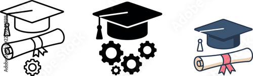 Graduation Cap Mortarboard Diploma Scroll And Engineering Gears Vector Icon Set Outline Silhouette And Colored Flat Graphic For Education Degree