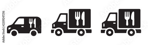 Catering van and delivery truck icons with utensil graphics for mobile food service brands.