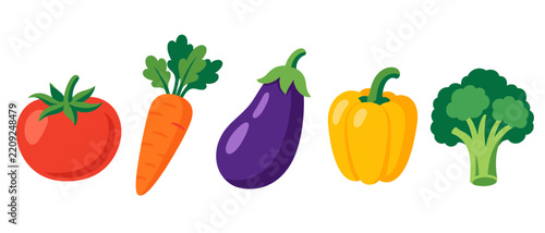 Cartoon vegetables with tomato carrot eggplant pepper and broccoli