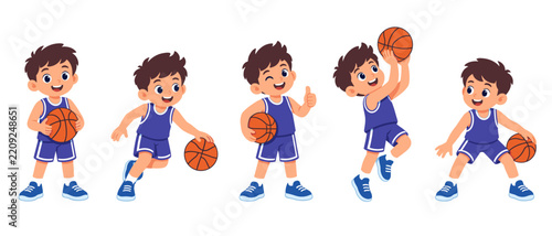 Set of cartoon boys playing basketball in different poses