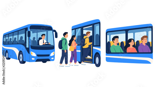 Set of blue bus scenes with passengers boarding and riding