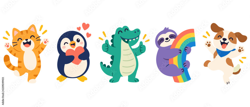 Obraz premium Cute animal character set with hearts and a rainbow
