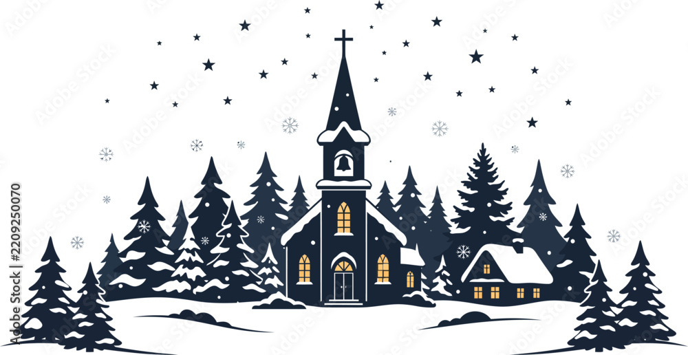 Naklejka premium Winter night scene featuring a small church and house surrounded by snow covered pine trees christmas landscape building architecture